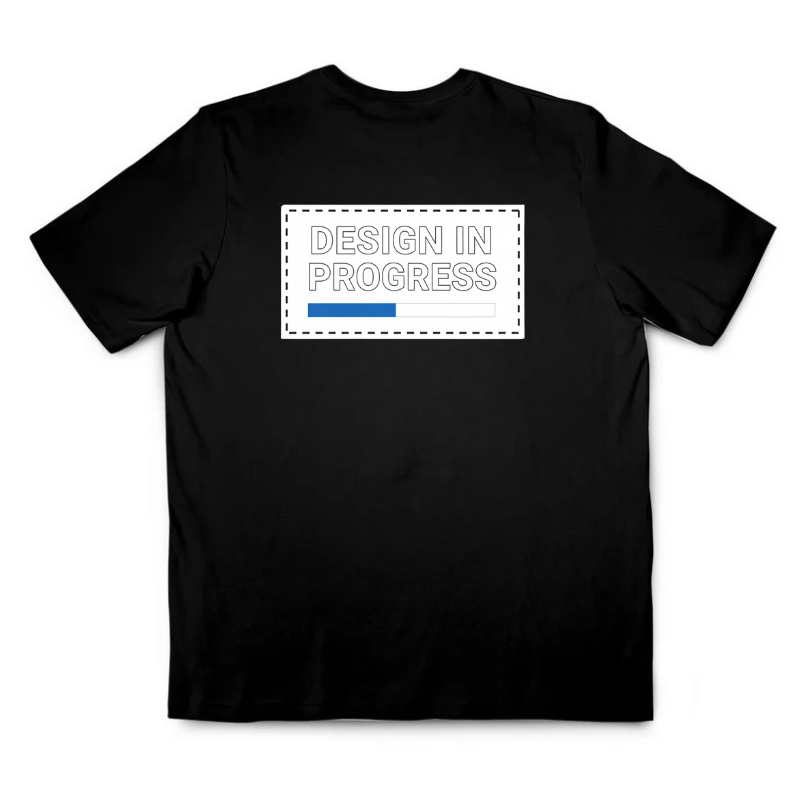 Black t-shirt with 'Design in Progress' text on a white background